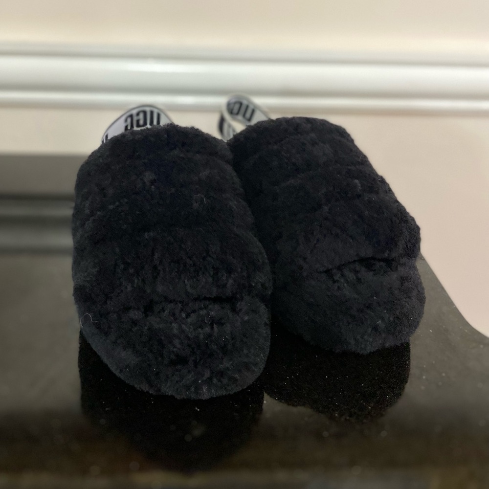 UGG Black Fuzzy Slippers with Branded Elastic